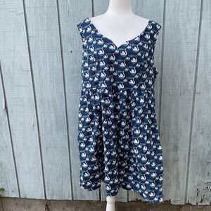 Fervour‎ 3X Swan Print Sleeveless Dress Navy Blue V Neck Cotton Made in USA VTG